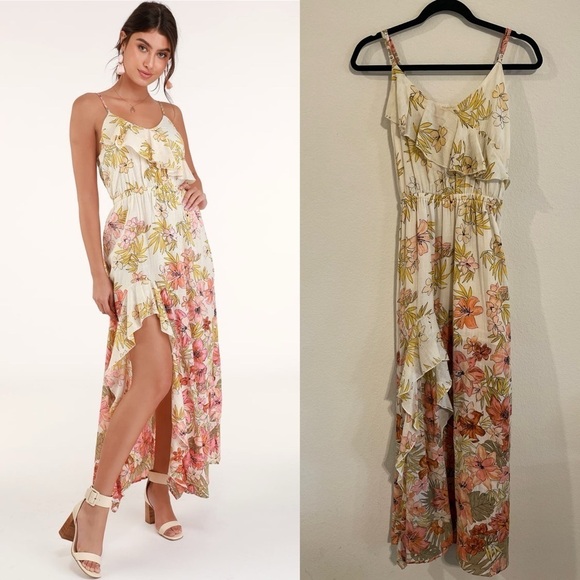 Billabong Women Maxi Dress Medium Cream & Pink Floral Cotton Ruffle Resortwear - Picture 1 of 17